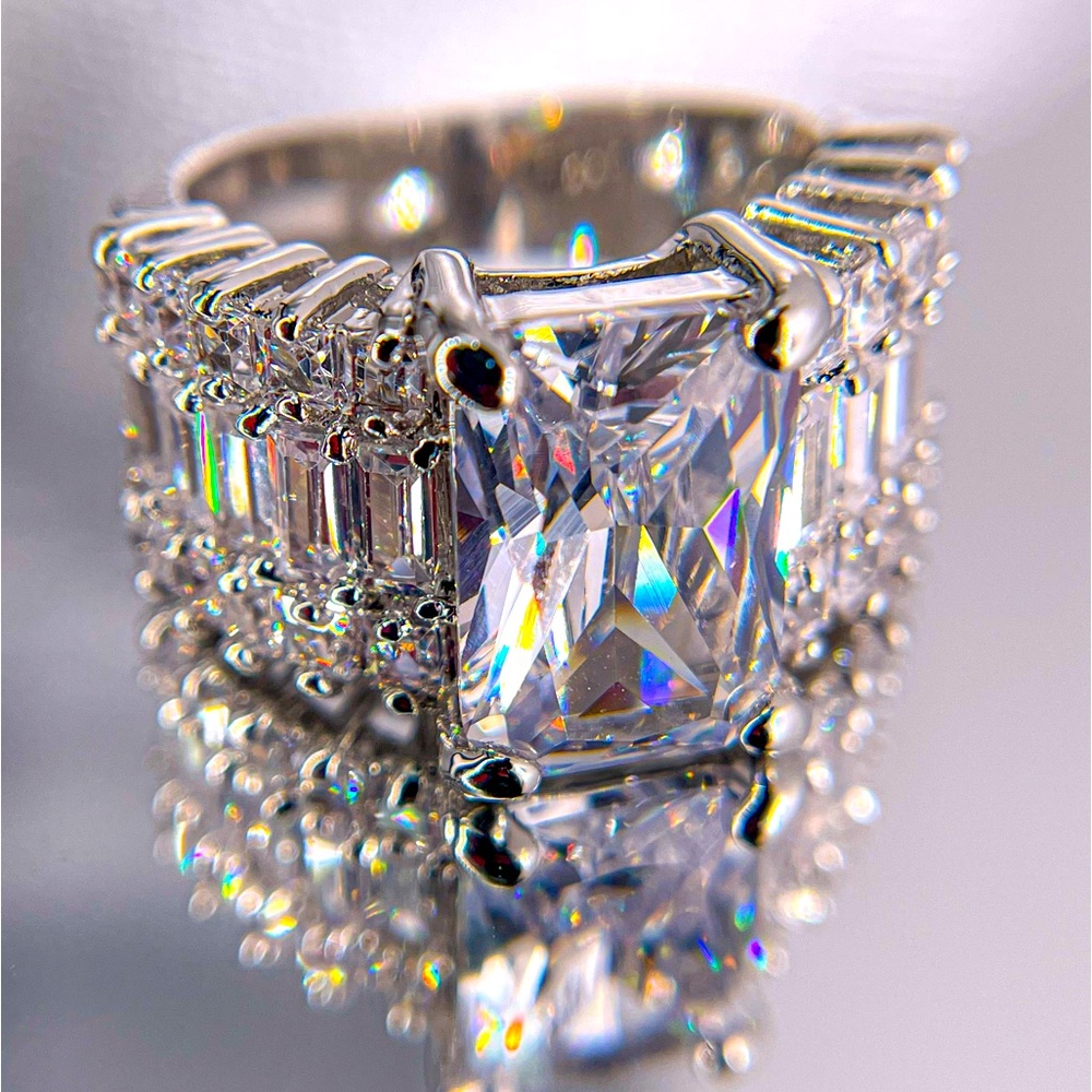 Rinc Silver Toned Emerald Cut Cubic Zirconia Ring with Baguettes and Square